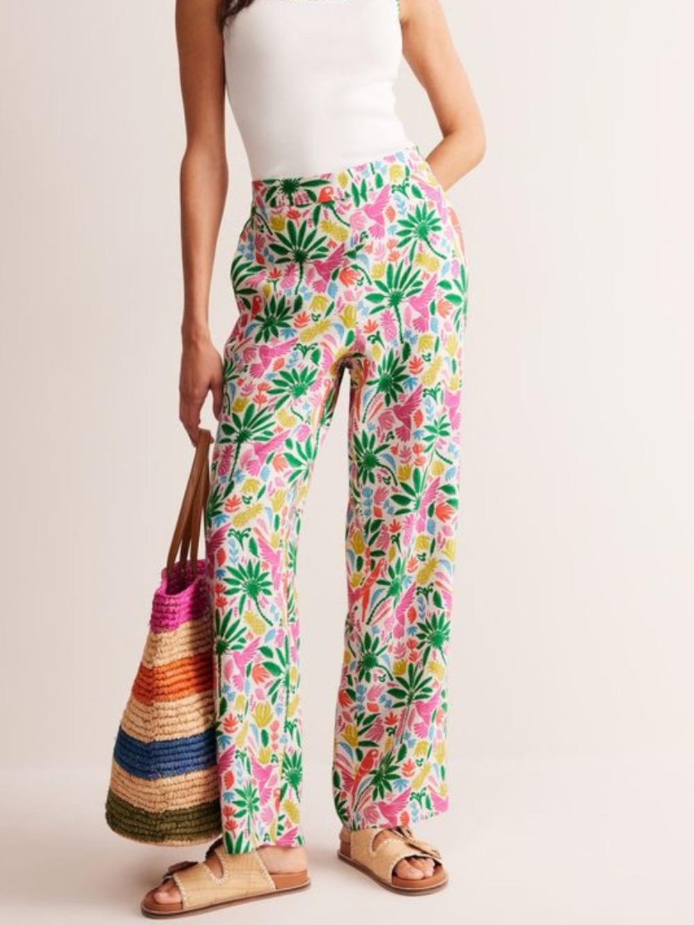 Boden Hempstead Linen Pants Womens 4P Tropical Print High Rise Resort Chic Beach